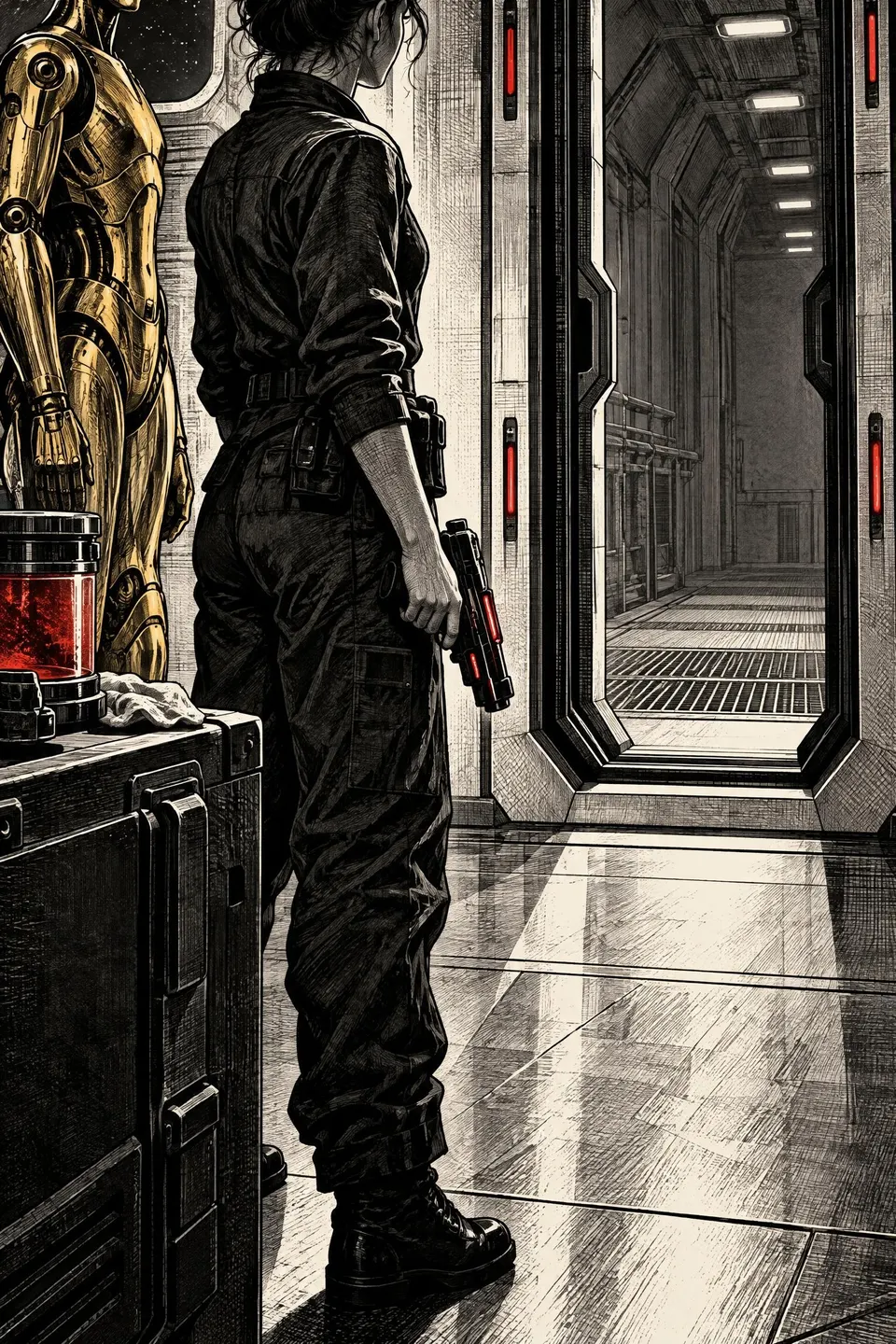 Purslane waits inside the ark with an energy pistol, facing the doorway.