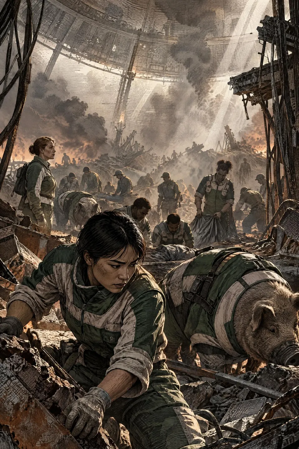 Mendicants clear wreckage, remove bodies, and tend survivors inside the smoky Mercy Sphere.
