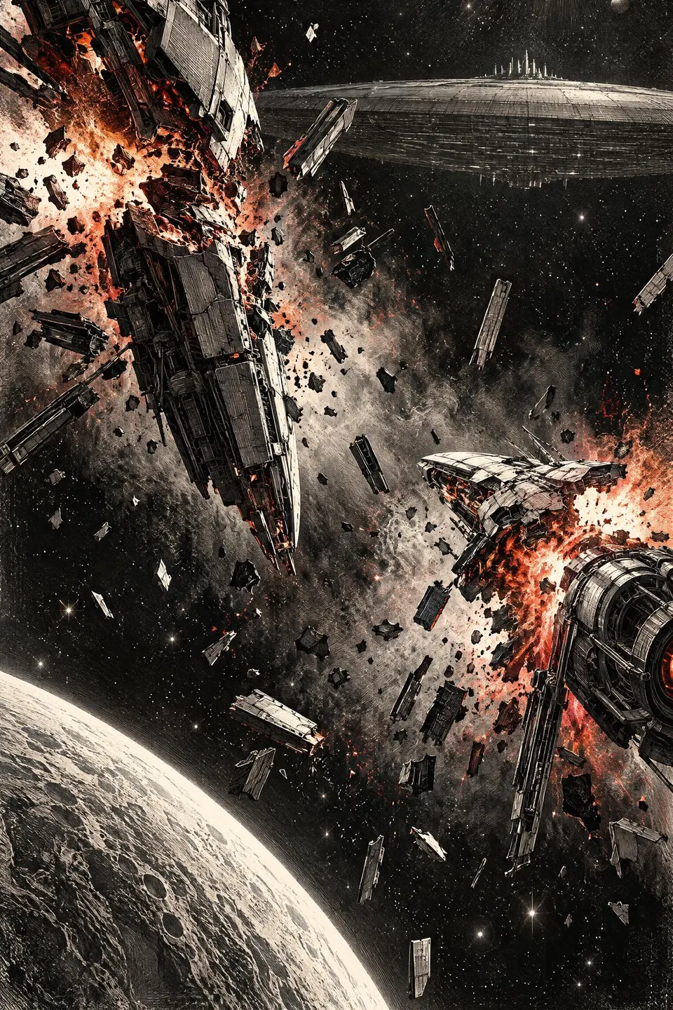 Two pursuing ships break apart beyond the ark during the battle.