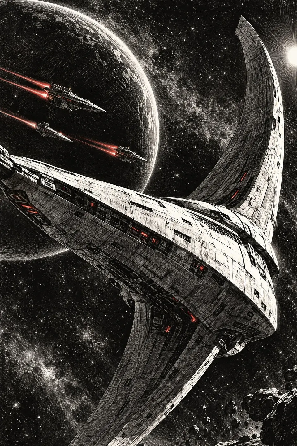 Silver Wings of Morning banks away from its apparent course toward Machine Space as pursuing ships follow through space.