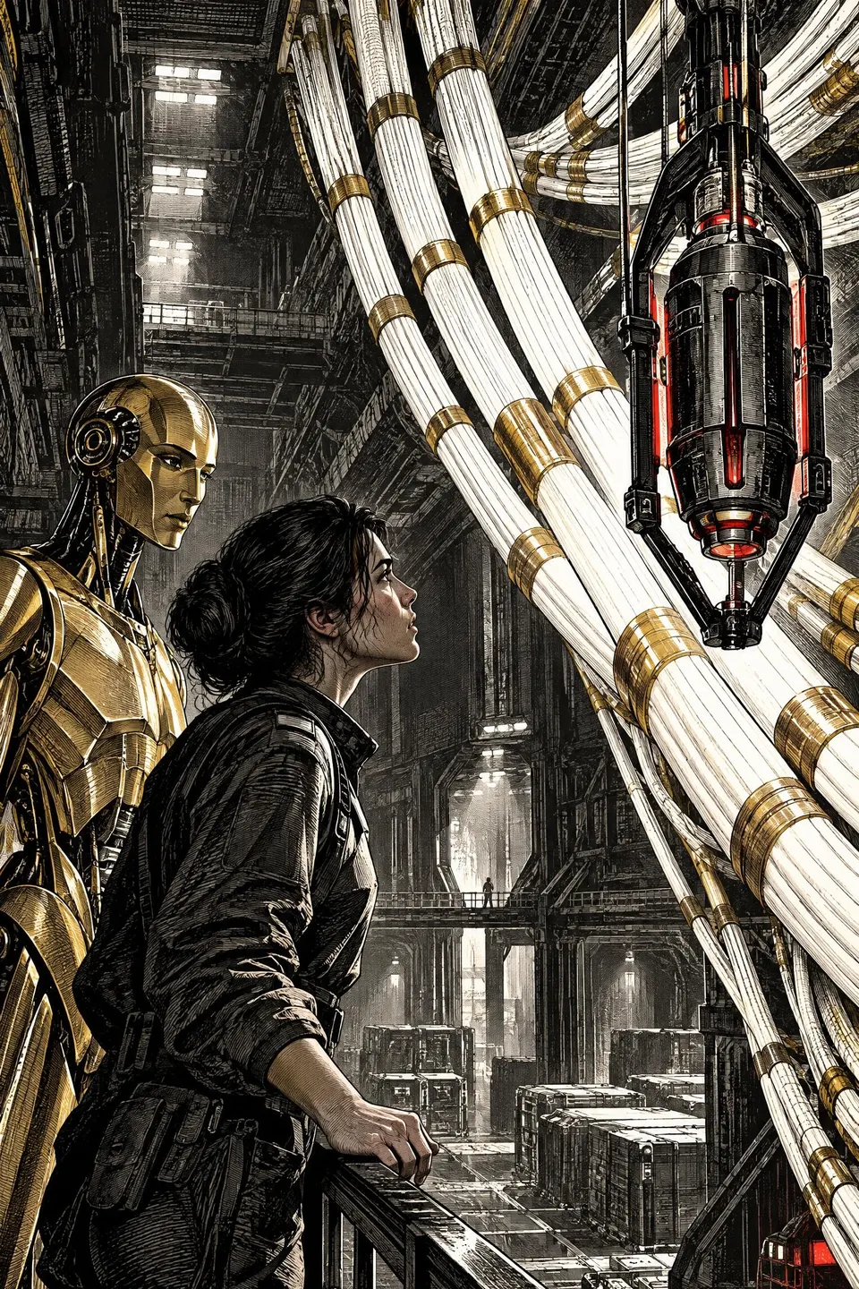Purslane examines white and gold cables and a suspended single-use opener in Silver Wings’ cargo hold.