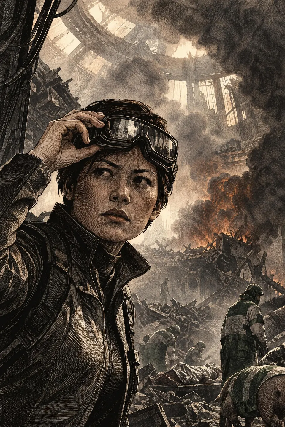 Thalia Ng enters the smoky Mercy Sphere and raises her goggles to relay her view to Jane Aumonier.