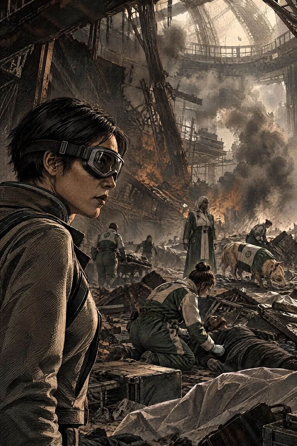 Thalia Ng sweeps her gaze across the dead and wounded in the Mercy Sphere with her goggles raised.