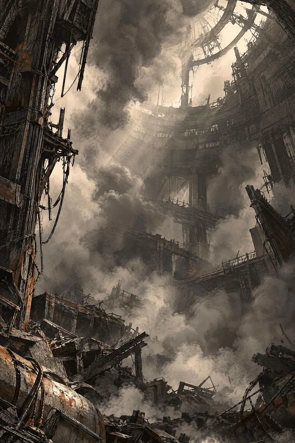 The devastated Mercy Sphere lies beneath heavy smoke.