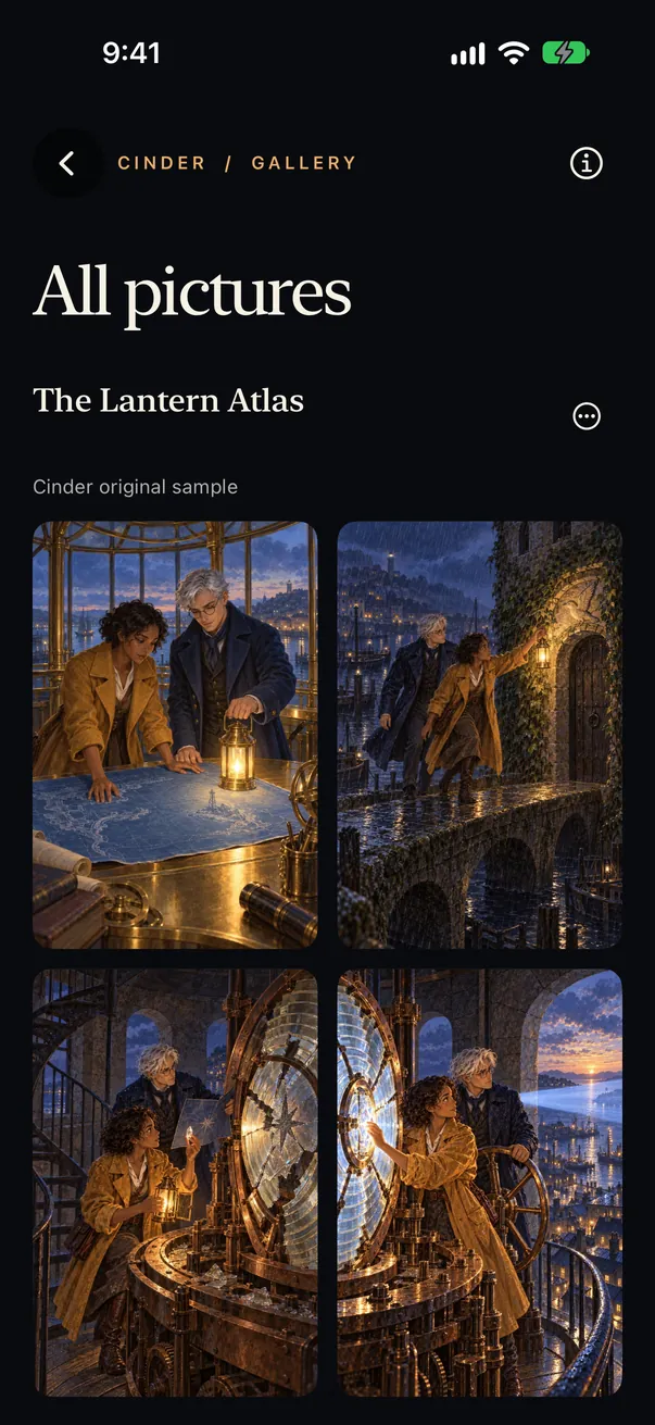 The All pictures page in Cinder, showing four pictures saved under The Lantern Atlas.