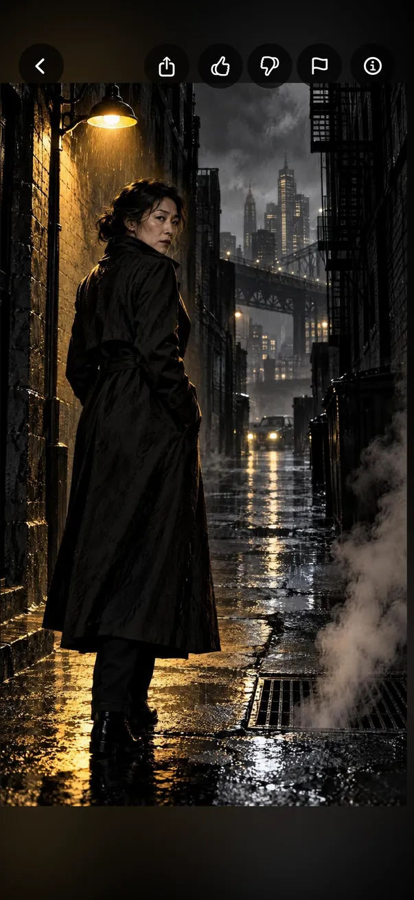 A picture shown full screen in Cinder: a detective under a streetlight in a rainy alley, with buttons to go back, share, rate, report and see details.