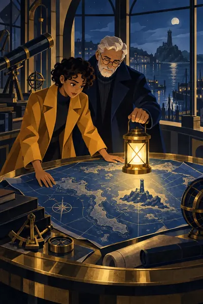 Bold geometric. Mara spreads a blue map across a brass table while Elias sets a glowing lantern on it.