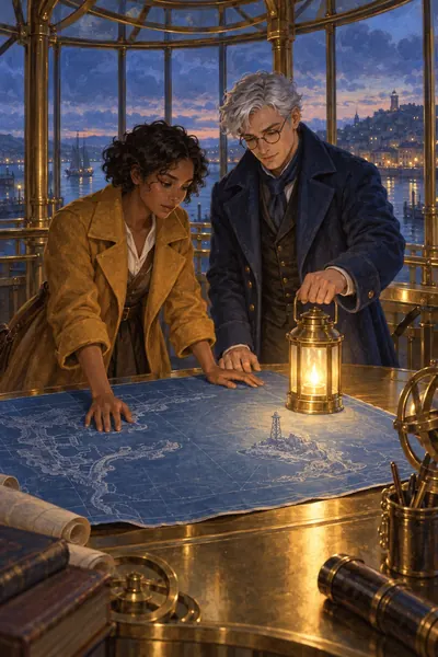 Soft gouache. Mara spreads a blue map across a brass table while Elias sets a glowing lantern on it.