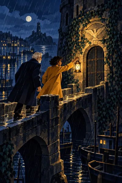 Bold geometric. Mara and Elias cross a rainy stone bridge toward an ivy-covered signal tower; Mara lifts the lantern.