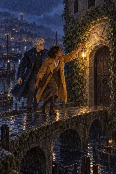 Soft gouache. Mara and Elias cross a rainy stone bridge toward an ivy-covered signal tower; Mara lifts the lantern.
