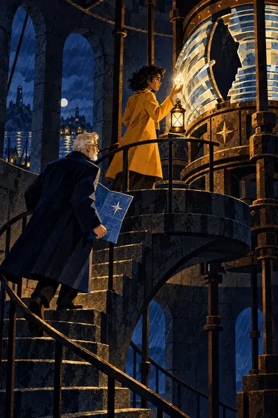 Bold geometric. At the top of the tower, Mara holds a small crystal by a huge broken lens while Elias holds the map.