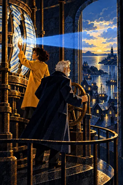 Bold geometric. A blue beam spreads over the harbor as Elias turns a brass wheel and Mara stands by the window.