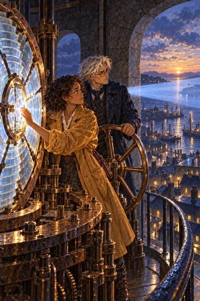 Soft gouache. A blue beam spreads over the harbor as Elias turns a brass wheel and Mara stands by the window.