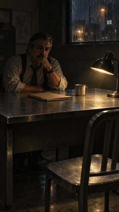 An investigator sits in shadow in an interview room, a closed file and a cup of tea under a desk lamp.