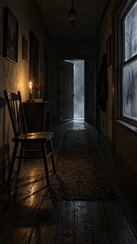 A candle-lit farmhouse hallway at night; a door at the far end stands ajar with cold light behind it.