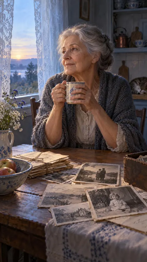 An older woman holds a mug at a kitchen table at dawn, old letters and photographs spread before her.
