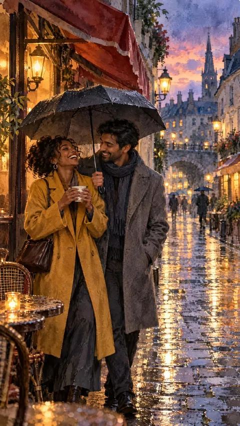 Two people share an umbrella outside a lamplit cafe on a rainy evening street, laughing.