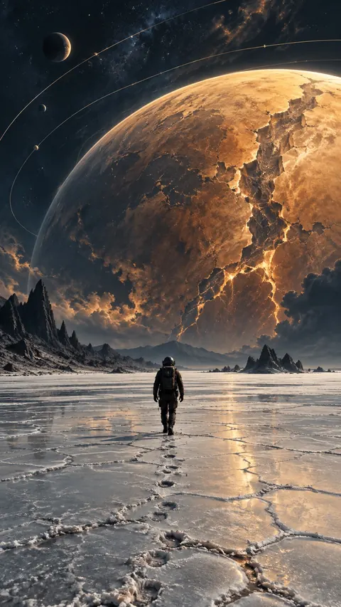 A lone figure in a suit walks across a frozen plain toward a huge amber planet on the horizon.