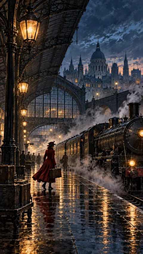A woman in a red coat carries a suitcase along a rain-wet railway platform beside a steam train at night.